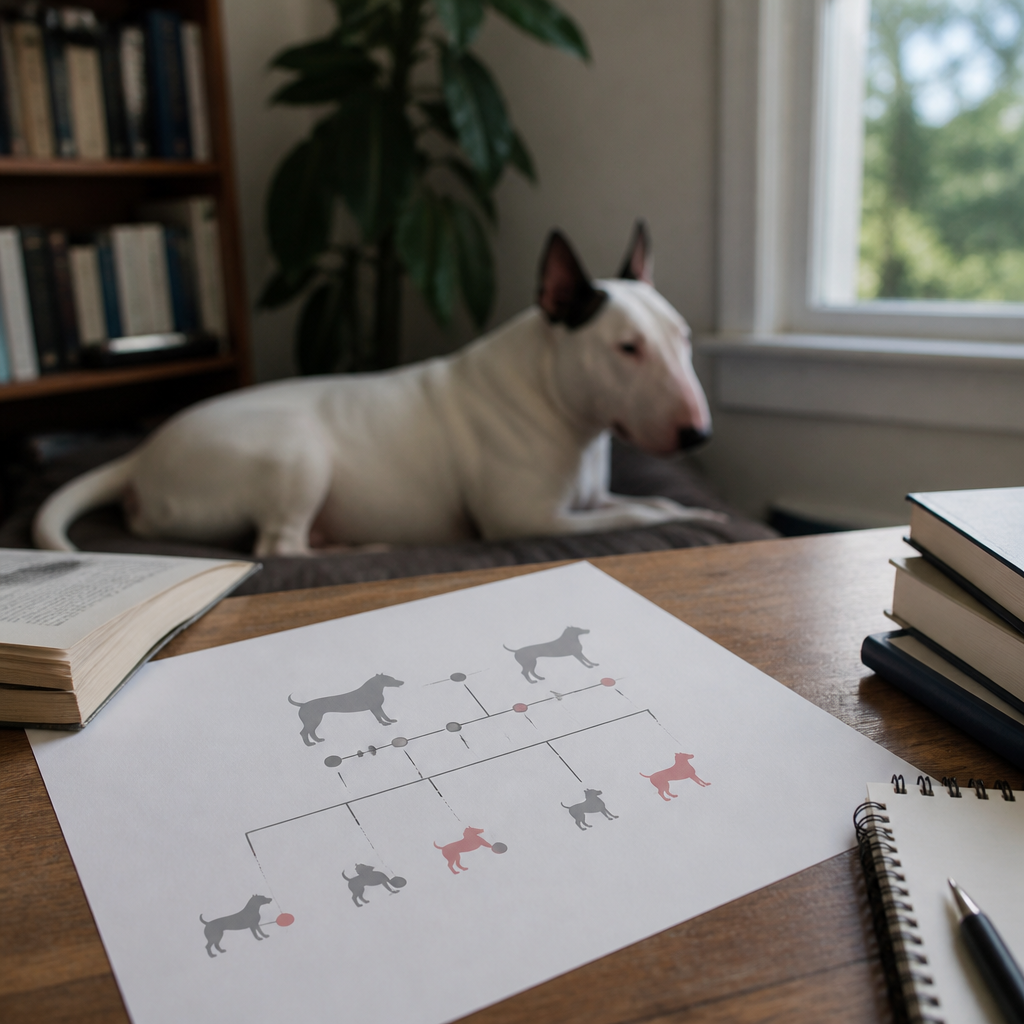 Tableau de croisement génétique illustrant la transmission récessive de l'acrodermatite chez le Bull Terrier entre deux parents porteurs sains