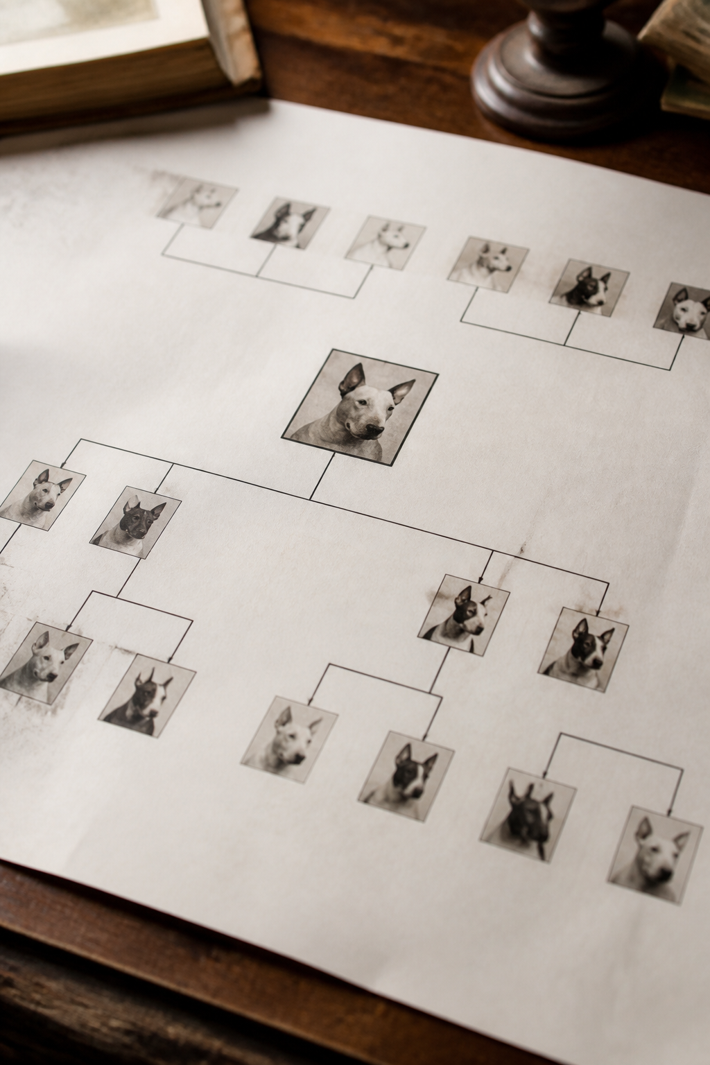 Planche documentaire figurant un arbre de descendance schématique où un même géniteur fondateur réapparaît dans plusieurs branches