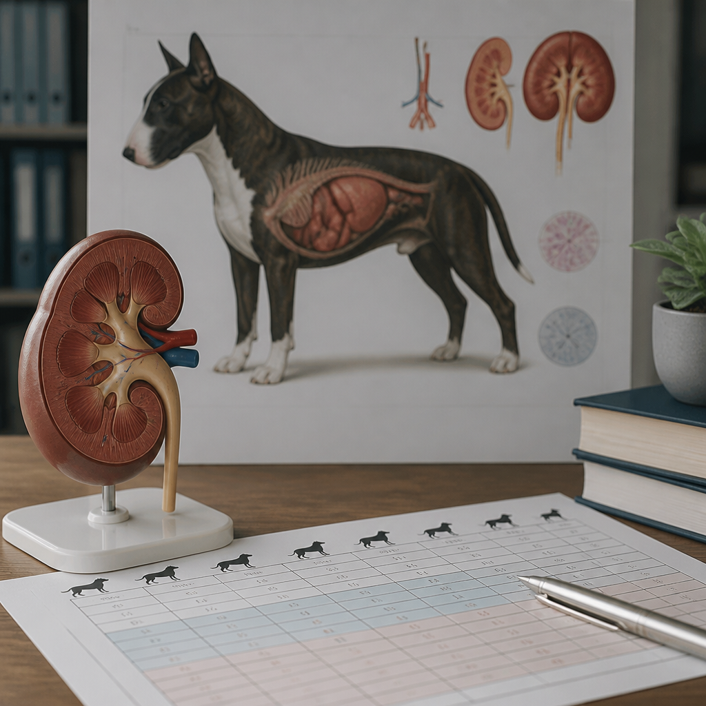 Planche anatomique documentaire du rein du chien accompagnée d'un tableau de suivi des examens rénaux sur plusieurs générations