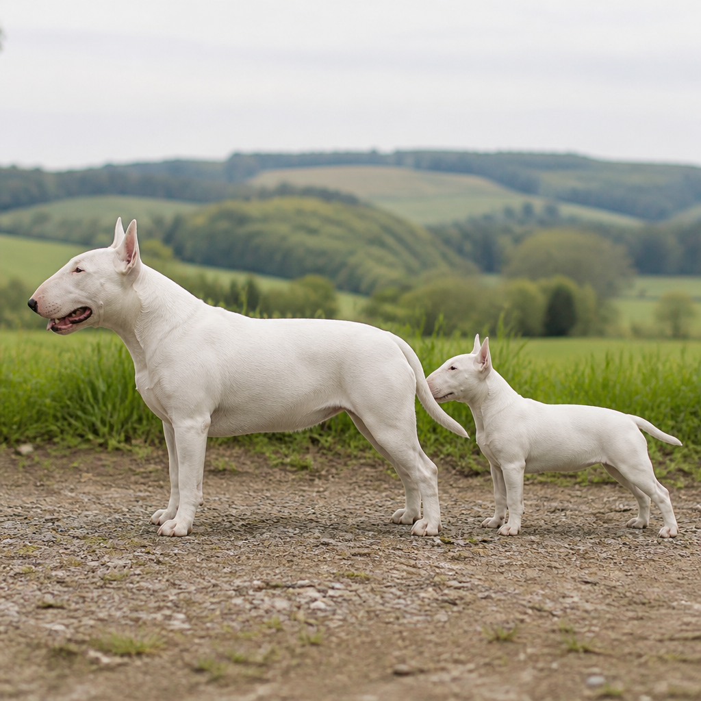 Comparatif de silhouettes à l'échelle entre un Bull Terrier standard et un Bull Terrier miniature avec repères de hauteur au garrot
