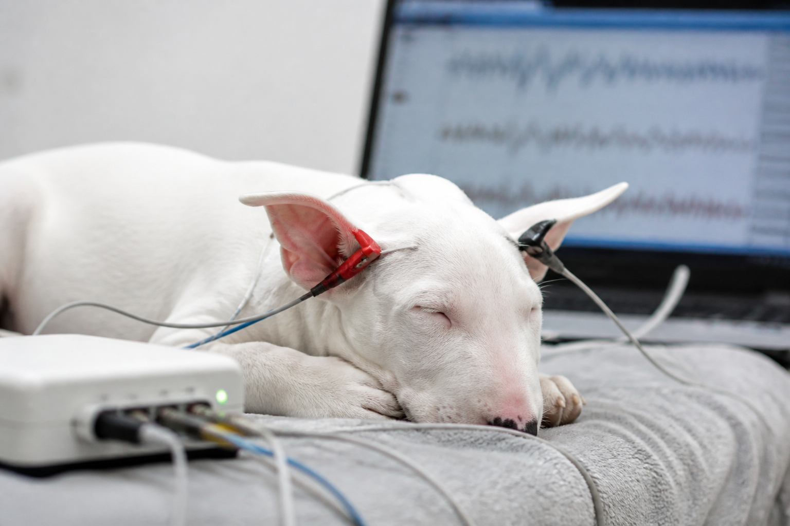 Illustration documentaire d'un test auditif BAER pratiqué sur un chiot Bull Terrier blanc avec électrodes et tracé de réponse